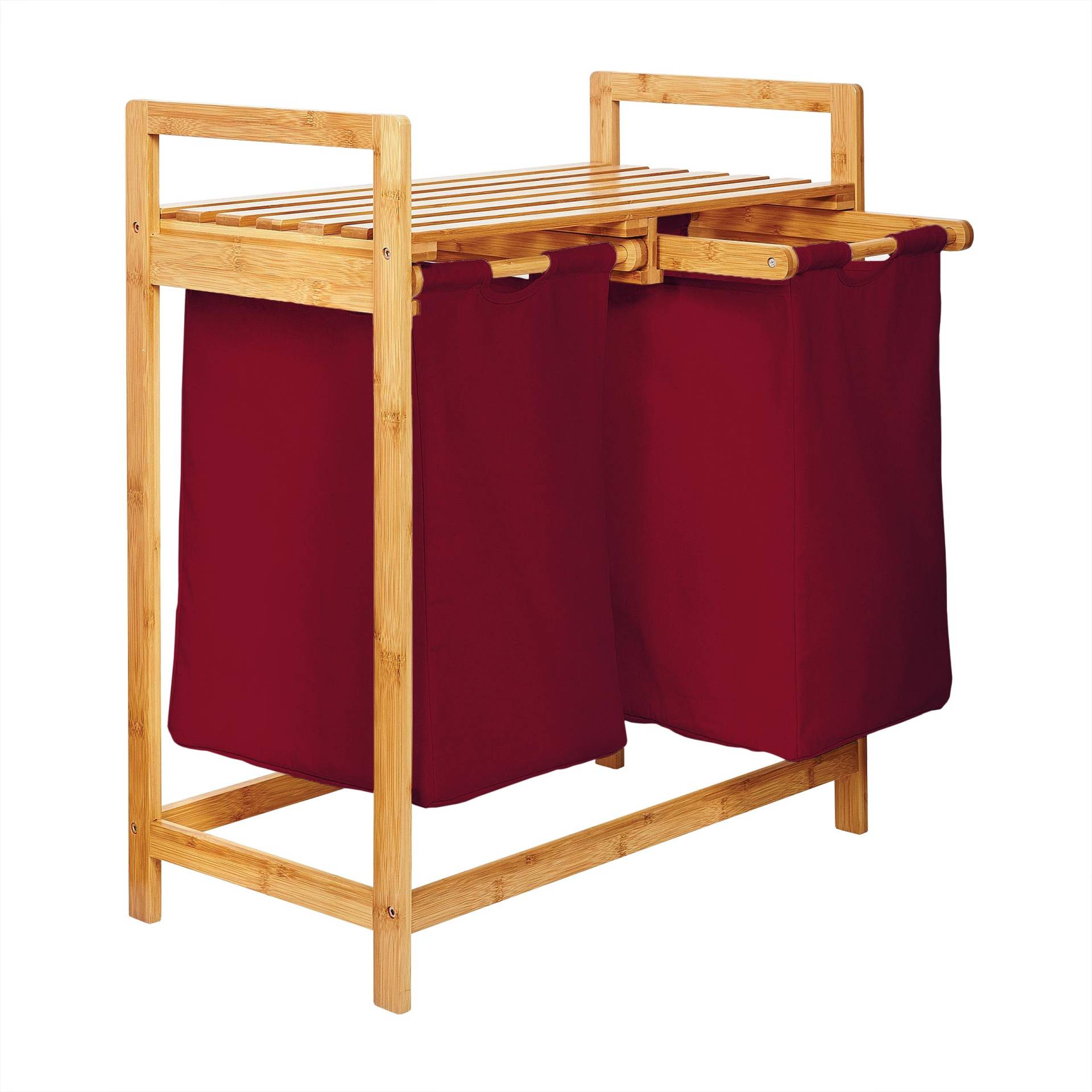 Bambus Wäschekorb mit 2 ausziehbaren Wäschesacken - 73 x 64 x 33 cm - Dunkelrot von LUMALAND