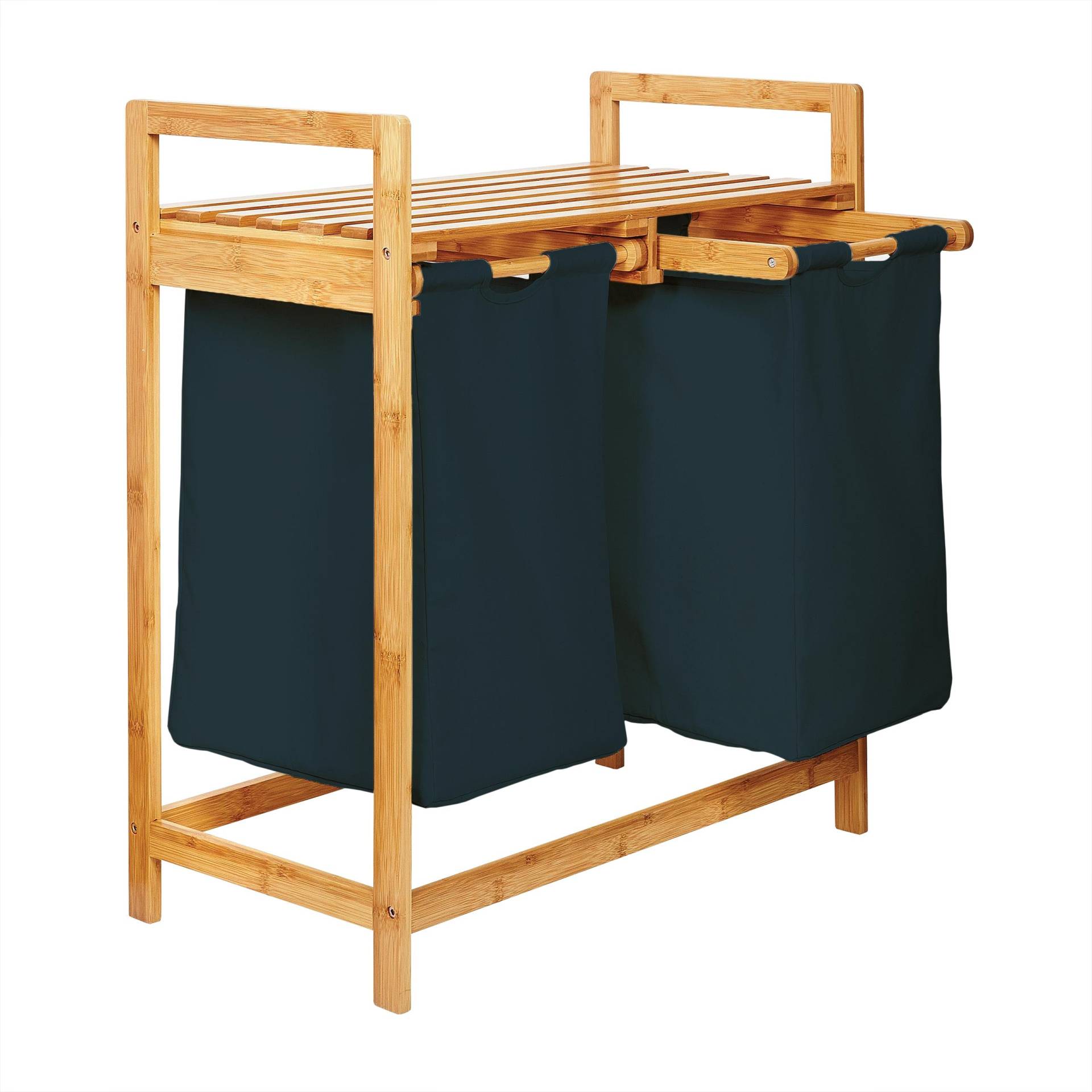 LUMALAND Bambus Wäschekorb mit 2 ausziehbaren Wäschesacken - 73 x 64 x 33 cm - Petrol von LUMALAND