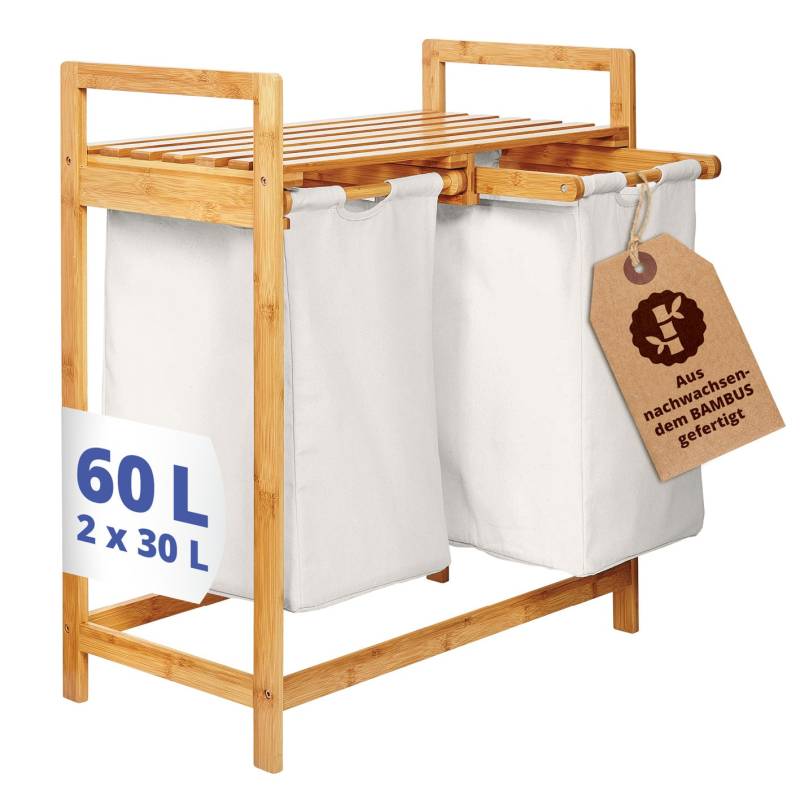 Bambus Wäschekorb mit 2 ausziehbaren Wäschesacken - 73 x 64 x 33 cm - Weiß von LUMALAND