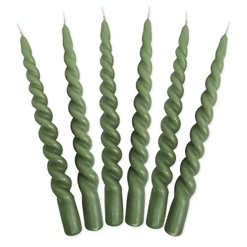 LUMELY dänische Premium gedrehte Kerzen Grün Olivgrün, 6er Pack, Höhe 24cm, Ø 2,2cm, Brenndauer ca. 7 Stunden, bunte Stabkerzen gedreht, Leuchterkerzen, Deko Kerzen Set, Dänische Kerzen (Olivgrün) von LUMELY