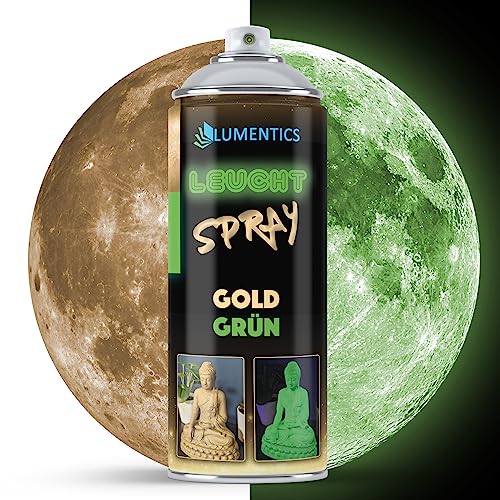 LUMENTICS Leuchtendes Farbspray Gold - Sprayfarbe mit Nachleuchteffekt - Leuchtet im Dunkeln grün - Aus Deutschland - 400 ml Sprühfarbe mit Zusatz-Cap von LUMENTICS