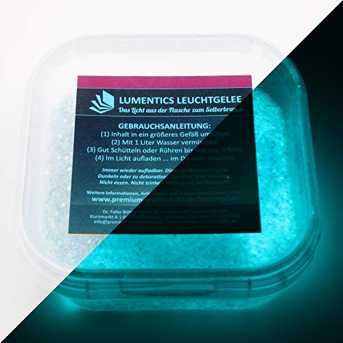 lumentics Gemisch für nachleuchtenden Lichtspeicher - Ergibt 1 Liter im Dunkeln leuchtenden Wasserspeicher mit (Blau-BlauGrün + Glitzer) von LUMENTICS