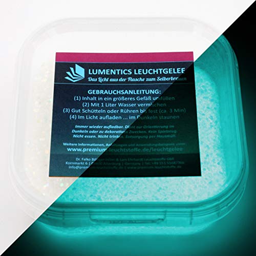 lumentics Gemisch für nachleuchtenden Lichtspeicher - Ergibt 1 Liter im Dunkeln leuchtenden Wasserspeicher mit Glitzereffekt (Hell-BlauGrün + Glitzer) von LUMENTICS