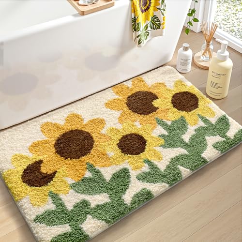 LUMI Badezimmerteppich, 61 x 91 cm, weich, saugfähig, Mikrofaser, rutschfest, maschinenwaschbar, Badematten für Badezimmer, Dusche und Badewanne, Boden, Sonnenblume von LUMI
