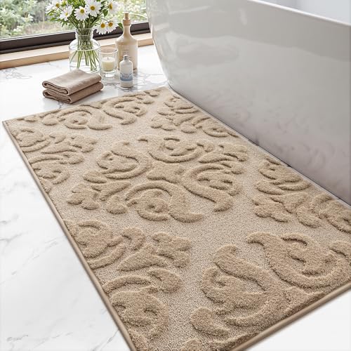 LUMI Badezimmerteppich, rutschfeste Gummi-Unterseite, ultraweiche Mikrofaser, maschinenwaschbar, eleganter Badteppich mit Blumenmuster für Dusche, Boden, Badewanne, Waschbecken, 61 x 109 cm, Beige LUMI Badezimmerteppich, rutschfeste Gummi-Unterseite, ultraweiche Mikrofaser, maschinenwaschbar, eleganter Badteppich mit Blumenmuster für Dusche, Boden, Badewanne, Waschbecken, 61 x 109 cm, Beige von LUMI