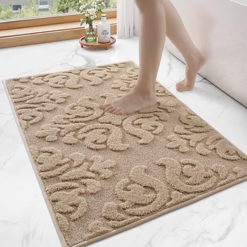 LUMI Badezimmerteppich, rutschfeste Gummi-Unterseite, ultraweiche Mikrofaser-Badematte, maschinenwaschbar, eleganter floraler Badteppich für Dusche, Boden, Badewanne, Waschbecken, 61 x 91 cm, Beige von LUMI
