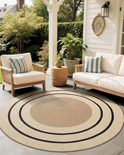 LUMI Jute-Handgewebter Teppich, Landhaus-Stil, Innen-Fußmatte, rustikaler Vintage-Flurteppich, handgefertigt, Heimdekoration, Bodenteppich für Terrasse, 10,2 x 10,2 cm, schwarz gestreift, rund von LUMI
