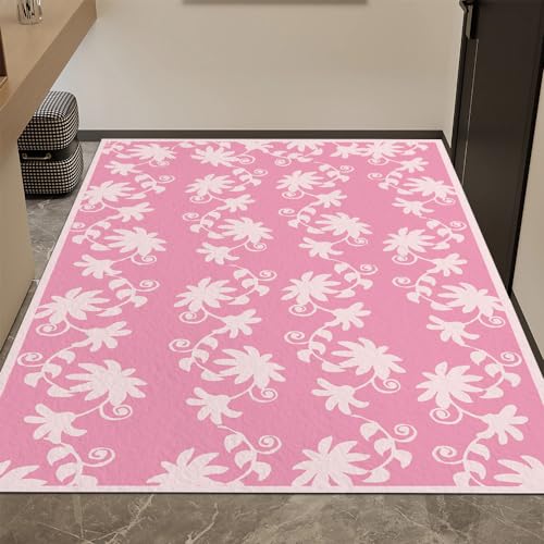 Moderner, Minimalistischer Rosafarbener Teppich, Einzigartiger Design Teppich Mit Weißen Blumen, Lieblingsschlafzimmer Teppich Für Mädchen, Leicht Zu Reinigender Badezimmer Teppich 120x150cm von LUMIDO