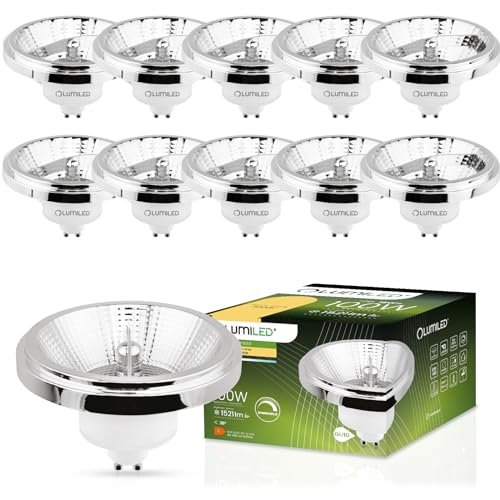 LUMILED 10x LED-Leuchtmittel ES111 GU10 Fassung dimmbar 230V 15W (Entspricht Halogen 100 Watt) Warmweiß 3000K, 24 Grad Abstrahlwinkel Silber 1521 Lumen Ra>80 Aluminium dimmbare Downlight AR111 von LUMILED