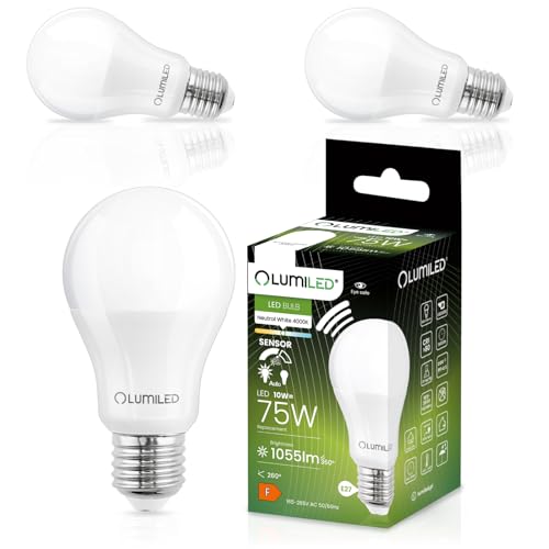 LUMILED 3er Pack E27 LED Lampen mit Bewegungsmelder und Dämmerungssensor 10W = 75W 1055lm Lichtsensor Glühbirne A60 Neutralweiß 4000K Sensorlampe Lichtsteuerung 3 Stück Nachtlicht Glühlampe von LUMILED