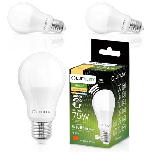 LUMILED 3er Pack E27 LED Lampen mit Bewegungsmelder und Dämmerungssensor 10W ersetzt 75W 1055lm Lichtsensor Glühbirne A60 Warmweiß 3000K Sensorlampe Lichtsteuerung 3 Stück Nachtlicht Glühlampe von LUMILED