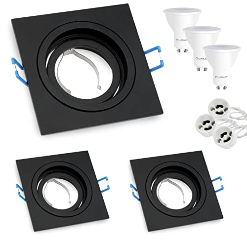 Lumiled 3x Einbaustrahler LED flach Spots GU10 inkl. 6W ersetzt 50W Halogen LED Leuchtmittel Warmweiß 3000K 580lm Einbauleuchten 230V Einbaurahmen schwarz eckig Einbauspots schwenkbar Downlight von Lumiled