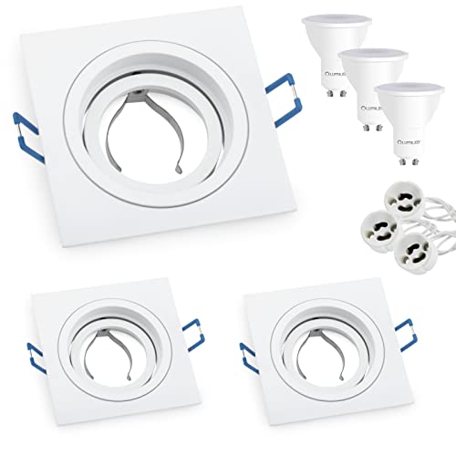 Lumiled 3x Einbaustrahler LED flach Spots GU10 inkl. 6W ersetzt 60W Halogen LED Leuchtmittel Warmweiß 3000K 580lm Einbauleuchten 230V Einbaurahmen weiß eckig Einbauspots schwenkbar Downlight von Lumiled