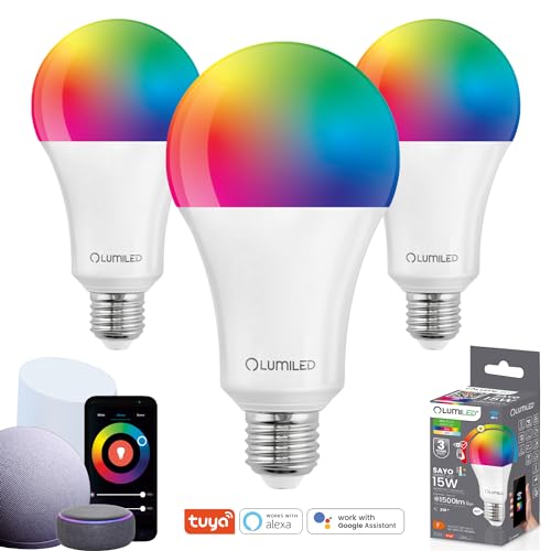 LUMILED 3x Smart SAYO A70 LED Lampe E27 15W (100W) 1500lm WLAN Dimmbar Mehrfarbig RGBW Wifi Glühbirne Timer Smart home 16 Mio. Farben App Steuerung kompatibel mit Amazon Alexa Google Assistant Tuya von LUMILED