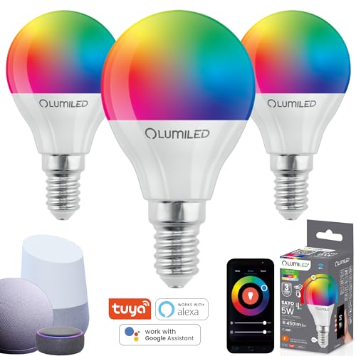 LUMILED 3x Smart SAYO P40 LED Lampe E14 5W (40W) 450lm WLAN Dimmbar Mehrfarbig RGBW Wifi Glühbirne Timer Smart home 16 Mio. Farben App Steuerung kompatibel mit Amazon Alexa Google Assistant Tuya von LUMILED