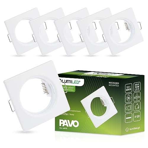 LUMILED 6x Einbaustrahler feste flach Spots für LED oder Halogen Einbauleuchten Einbaurahmen eckig stahl Einbauspots Downlight Weiß von LUMILED