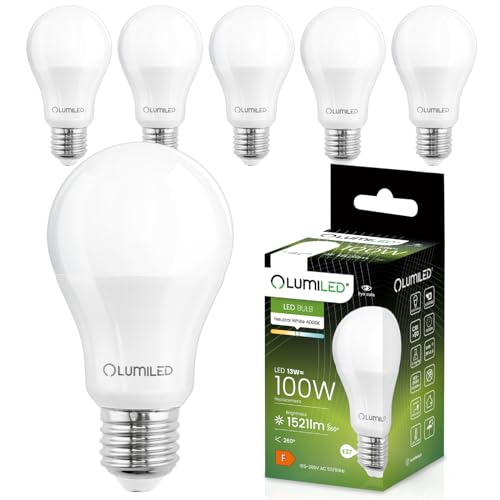 Lumiled A60 E27 LED Lampen 13W (ersetzt 100W) 1521 Lumen Leuchtmittel, 4000K Neutralweiß Birnen Lampen, Nicht Dimmbar, 260° Grad Strahlwinkel Glühbirne 6er-Pack Energiesparlampe Tropfen von Lumiled