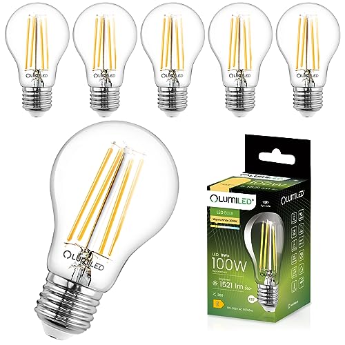 LUMILED A60 E27 LED Lampen 6 Stück, 11W (ersetzt 100W), 1521 lm Classic klares Filament, transparent Leuchtmittel, E27 Sockel 3000K Warmweiß Birne Lampe, 360° Abstrahlwinkel Glühbirne vintage von LUMILED