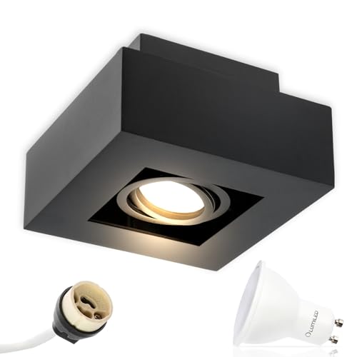 Lumiled Aufbauspot LED Aufbauleuchte Deckenspot Deckenlampe Spot Deckenleuchte schwenkbar Downlight eckig schwarz inkl. 5W LED–Leuchtmittel GU10 480lm 4000K Neutralweiß 230V 120° Aluminium von Lumiled
