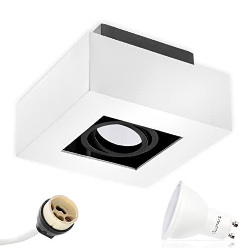 Lumiled Aufbauspot LED Aufbauleuchte Deckenspot Deckenlampe Spot Deckenleuchte schwenkbar Downlight eckig weiß inkl. 5W LED–Leuchtmittel GU10 480lm 3000K Warmweiß 230V 120° Aluminium von Lumiled