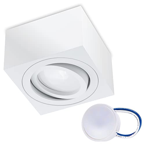 LUMILED Aufbaustrahler Aufbauleuchte Aufputz Deckenlampe Spot, flach schwenkbar (eckig weiß) Downlight aus Aluminium, inkl. wechselbarem Modul LED INSERT 5 W, 230V, Kaltweiß 6500K, ⌀80x50 mm von LUMILED