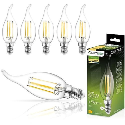 LUMILED BA35 E14 LED Lampe 6 Stück Set 7W (ersetzt 60W) 770lm Classic Filament Glas Leuchtmittel Kerzenform Windstoß 3000K Warmweiß Birne Lampen 360° Abstrahlwinkel Glühbirnen Kerzenlampe Kerze von LUMILED