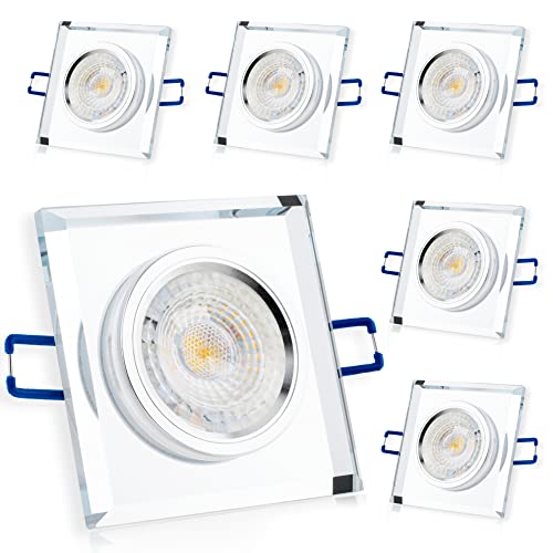 Einbaustrahler LED Einbauleuchte 6er Set Einbauspot Spot Deckenspot Deckeneinbauleuchte klar eckig flach Glas Spiegel inkl. 6x 6W Leuchtmittel GU10 Fassung Kaltweiß 6500K Abstrahlwinkel 36° von LUMILED