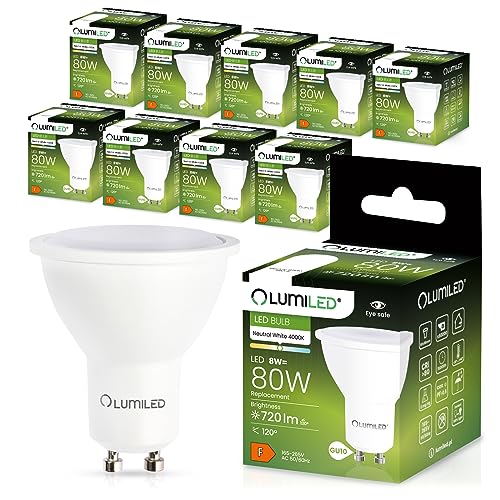 LUMILED GU10 LED, 8W 720 Lumen Leuchtmittel, 4000K neutralweiß Birne Lampe Strahler Spot, ersetzt 80W Halogenlampen, 120° Grad Strahlwinkel Reflektorlampen Reflektor 10 Stück Energiesparlampen von LUMILED