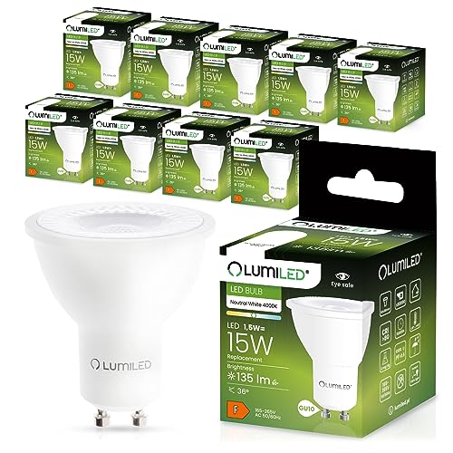 LUMILED GU10 LED Lampen 1,5W 4000K Neutralweiß Leuchtmittel 135 Lumen Birnen (ersetzt 15W Halogenlampe), AC 230V Abstrahlwinkel 36°, Reflektor Lampe, Spotlight Licht Spotleuchten, 10er Set von LUMILED