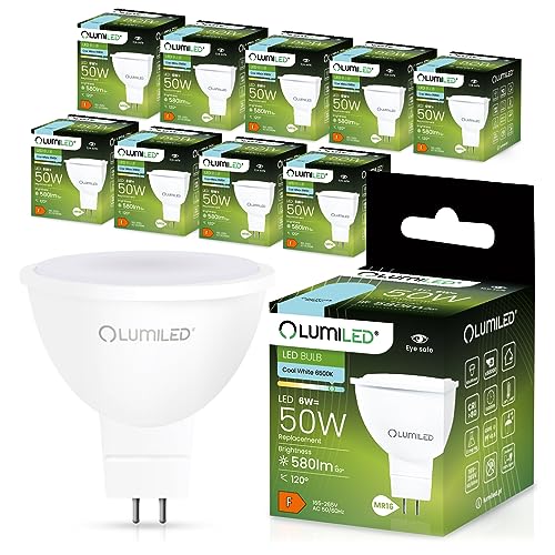 LUMILED GU5.3 LED Lampen Leuchtmittel Spot 10 Stück Set MR16 6W (entspricht 50W Halogen Glühlampen) 6500K Kaltweiß 230V 580 Lumen 120° Abstrahlwinkel Spots Glühbirnen Halogenleuchte kalt von LUMILED