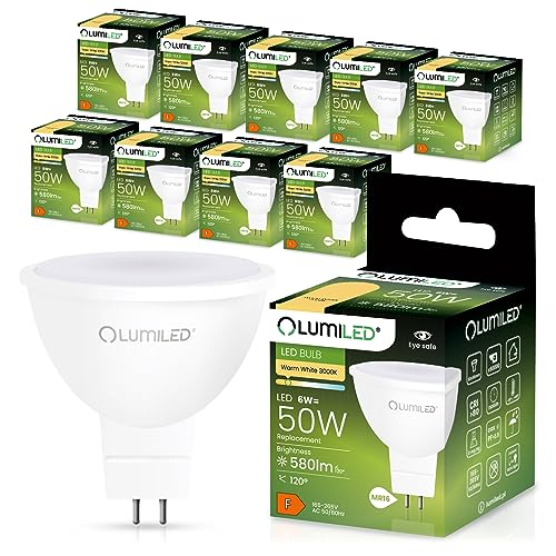 LUMILED GU5.3 LED Lampen Leuchtmittel Spot 10 Stück Set, MR16 6W (entspricht 50W Halogen Glühlampen) 3000K Warmweiß 230V 580 Lumen 120° Abstrahlwinkel Spots Glühbirnen Halogenleuchte warm von LUMILED