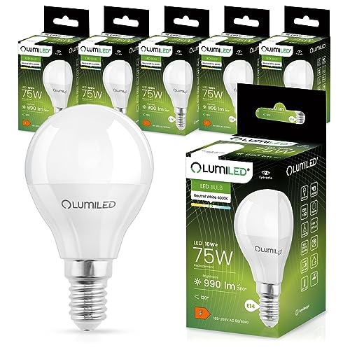 LUMILED LED Lampen E14 P45 10W ersetzt (75W Glühlampe) 6 Stück Set 990lm 4000K Neutralweiß 180 Grad Lichtwinkel 230V Glühbirne Birne Leuchtmittel Tropfenform Kugel Energiesparlampe von LUMILED