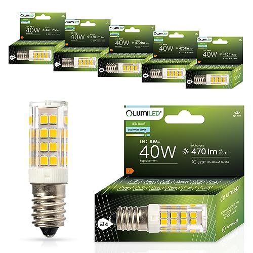 Lumiled LED Lampen E14 T25 6er Set Leuchtmittel 5W (ersetzt 40W Glühlampe) 6500K Kaltweiß 470lm 320° Lichtwinkel 230V Kühlschranklampe Glühbirne Kühlschrank Backofen Haube von Lumiled