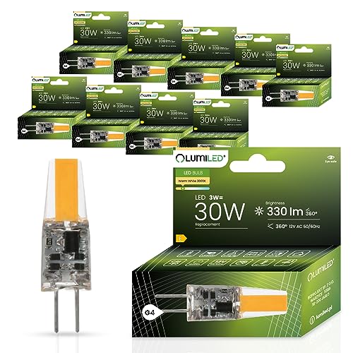 LUMILED LED Lampen G4 10er Set Leuchtmittel 3W (ersetzt 30W Glühlampe) 3000K Warmweiß 330lm 360° Lichtwinkel 12V AC/DC Mini Glühbirnen kleine Birne Energiesparende kein Flackern COB von LUMILED