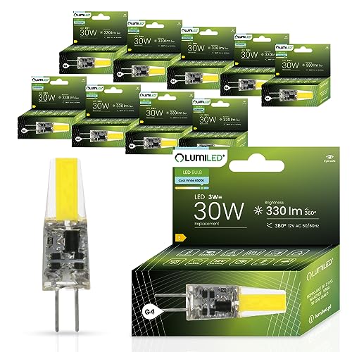 Lumiled LED Lampen G4 10er Set Leuchtmittel 3W (ersetzt 30W Glühlampe) 6500K Kaltweiß 330lm 360° Lichtwinkel 12V AC/DC Mini Glühbirnen kleine Birne Energiesparende kein Flackern COB von Lumiled