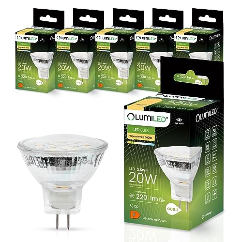 LUMILED LED Lampen Leuchtmittel 6 Stück Set MR11 35mm GU5.3 2,5W (entspricht 20W Halogen Glühlampen) 3000K Warmweiß 230V 220 Lumen 120° Abstrahlwinkel Spots Glühbirnen Halogenleuchte warm von LUMILED