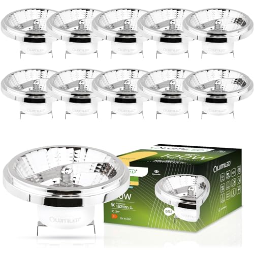 LUMILED LED-Leuchtmittel 10er Set AR111 G53 Fassung Spannung 12V 15W (Entspricht Halogen 100 Watt) Warmweiß 3000K 24 Grad Abstrahlwinkel Silber 1521 Lumen Ra>80 Aluminium PC von LUMILED