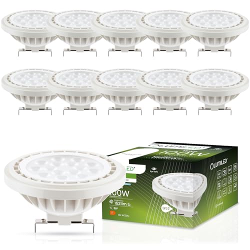 LUMILED LED-Leuchtmittel 10er Set AR111 G53 Fassung Spannung 12V DC/AC 15W (Entspricht Halogen 100 Watt) Neutralweiß 4000K 38 Grad Abstrahlwinkel weiß 1521 Lumen Ra>80 Kunststoff von LUMILED