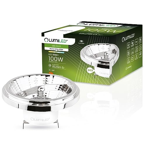 Lumiled LED Leuchtmittel 12V AR111 G53 Fassung Spannung 15W (Entspricht 100 Watt) Neutralweiß 4000K 24 Grad Abstrahlwinkel Silber 1521 Lumen Ra>80 Aluminium PC von Lumiled
