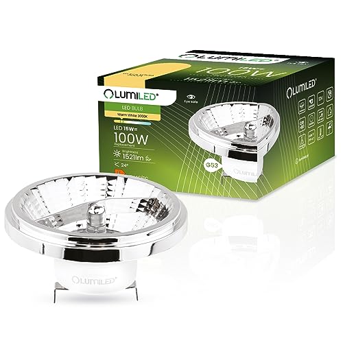 LUMILED LED-Leuchtmittel AR111 G53 Fassung Spannung 12V 15W (Entspricht Halogen 100 Watt) Warmweiß 3000K 24 Grad Abstrahlwinkel Silber 1521 Lumen Ra>80 Aluminium PC von LUMILED