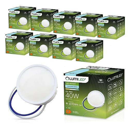 LUMILED Modul LED INSERT 5 W (Entspricht Halogen 40 Watt), extra flach spot, 470 Lumen, Kaltweiß 6500K, 120 Grad Abstrahlwinkel, Ra>80, Nicht Dimmbar, Leuchtmittel, Keramik, 10-er Pack von LUMILED