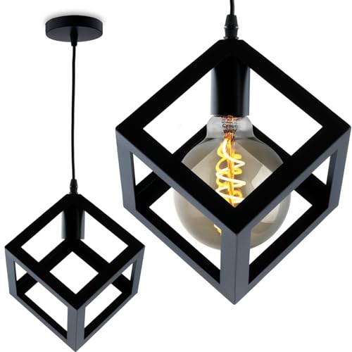 Lumiled Pendelleuchte Hängelampe Pendellampe verstellbar 1 flammig industrial Retro Hängeleuchte aus Metall Esstischlampe schwarz Drahtleuchte Lampe Esstisch Wohnzimmerlampe hängend E27 Fassung von Lumiled