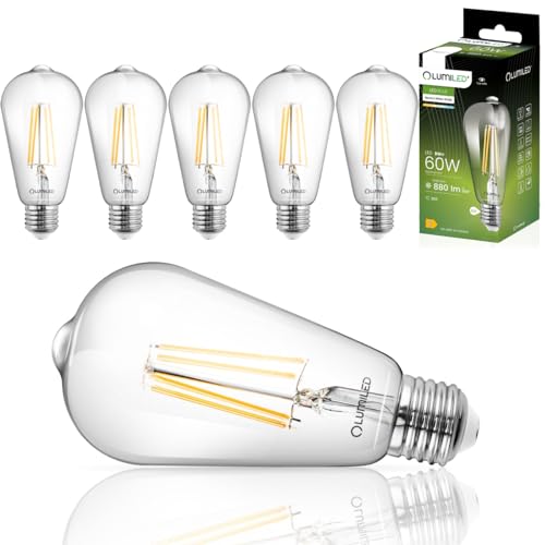 Lumiled ST64 E27 LED Vintage Lampe 8W (Entspricht 60W), 880 Lm transparentes Glas Leuchtmittel Edison 4000K Neutralweiß Licht Traditionelle Birne Retro 360° Glühbirnen Filament 6er-Pack Fadenlampe von Lumiled