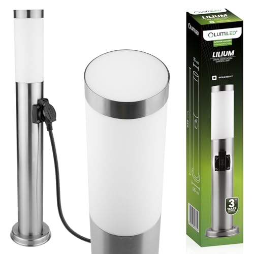 LUMILED Säulenlampe 230V 65 cm Höhe mit Steckdose 220-240V Silber Pfostenlicht Standleuchte Außenlampe Edelstahl E27 Fassung für Leuchtmittel Modern Stil; Ideal für Outdoor Garten Weg Hof von LUMILED