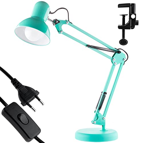 LUMILED Schreibtischlampe klassisch Leselampe Grün Tischleuchte Tischlampe Verstellbarer Arm Arbeitsleuchte Nachttischlampe mit E27 Fassung Retro aus Metall Arbeitszimmer mit Klemme mintgrün von LUMILED