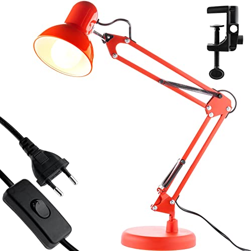 LUMILED Schreibtischlampe klassisch Leselampe Rot Tischleuchte Tischlampe Verstellbarer Arm Arbeitsleuchte Nachttischlampe mit E27 Fassung Retro aus Metall Arbeitszimmer mit Klemme red von LUMILED