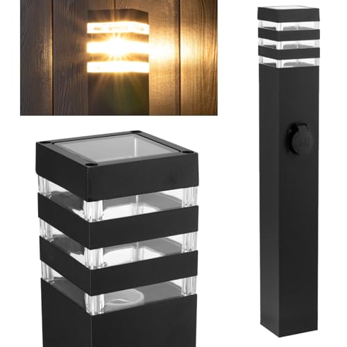 LUMILED Wegeleuchte Außen Pollerleuchte Außenstehleuchte Stehlampe Außenleuchte mit Steckdose Gartenleuchte Wegelampe Stromsäule 60cm IP44 schwarz spritzwasserdicht Aluminium E27 Fassung max 12W von LUMILED