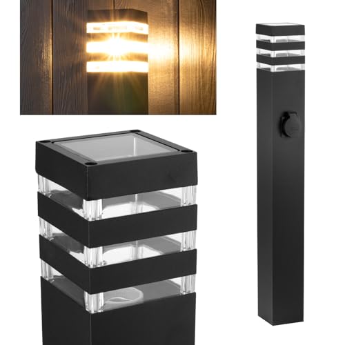 LUMILED Wegeleuchte Außen Pollerleuchte Außenstehleuchte Stehlampe Außenleuchte mit Steckdose Gartenleuchte Wegelampe Stromsäule 80cm IP44 schwarz spritzwasserdicht Aluminium E27 Fassung max 12W von LUMILED