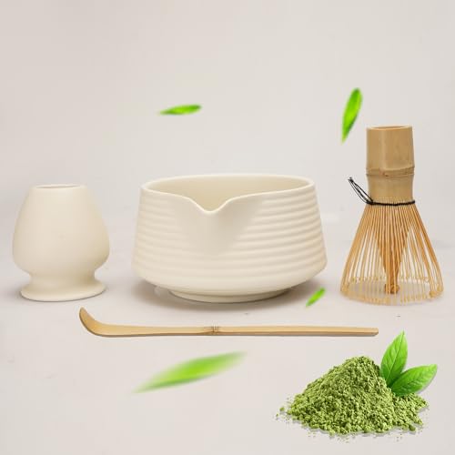 LUMIN TUTU Matcha Set, Matcha Tee Set Inkl. Matcha Besen, Teelöffel, Matcha Besen Halter und Matcha Schale mit Ausgießer, Perfekt für die Matcha-Zeremonie, Mattweiß von LUMIN TUTU