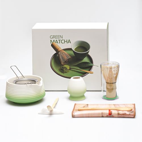 LUMIN TUTU Matcha Set 8-teilig inkl. Bambus Besen, Keramik Schale, Sieb & Teetuch | Komplettset für Matcha-Zeremonie | Lebensmittelecht & Traditionelles Design (Grün-Weiß-Verlauf) von LUMIN TUTU